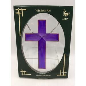 New AMIA Window Art Hand Painted Glass Suncatcher Featuring a Cross.